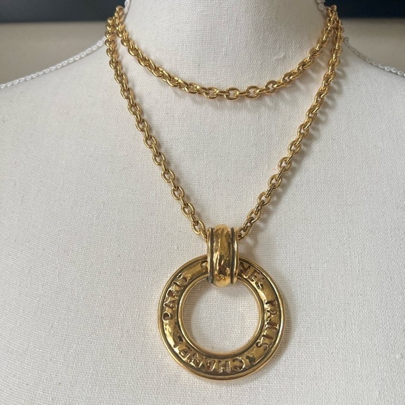 CHANEL Jewelry - CHANEL Vintage Gold "CHANEL PARIS" Circle Pendant Necklace